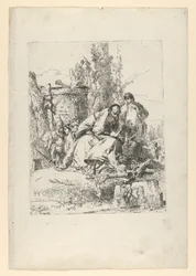 Siddende tryllekunstner, dreng og fire figurer fra Scherzi di Fantasia, ca. 1743-50.