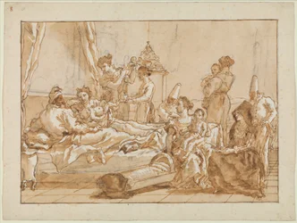 Spædbarnet Punchinello i seng med sine forældre, ca. 1800