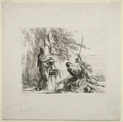 Forskellige luner: Kvinden stående med hænder på en vase, 1785.