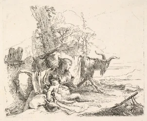Kvinde og spædbarn satyr i et landskab, kvinden vrider sig for at se over sit venstre sko..., ca. 1740-42.