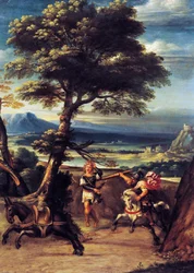 Landskab med Absalom såret af Joabs spyd af Giovanni Battista Viola (1576-1622), olie på kobber, 45x34 cm