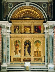Bebudelse og pieta, Sankt Kristoffer, Sankt Dominikus og Sankt Sebastian, predella: Sankt Vincenzo Ferreris mirakler (maleri på træ)