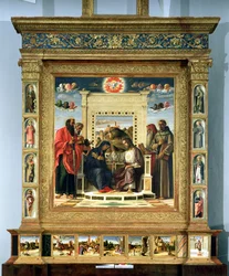 Jomfruens kroning med de hellige Paulus, Peter, Hieronymus og Frans af Assisi samt scener fra helgenernes liv på predellapanelet, kendt som altertavlen Pala di Pesaro, ca. 1474