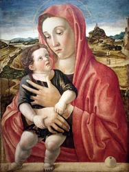 Tysk: Maria mit dem Kind, das auf einer Brüstung steht Madonna mit Kind