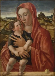Tysk: Maria mit dem Kind, das auf einer Brüstung steht Madonna mit Kind