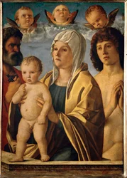 Madonna med barn mellem Sankt Peter og Sankt Sebastian ...
