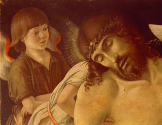 Pieta eli Kuollut Kristus Enkeleiden tukema, n. 1474, kirjoittanut Giovanni Bellini (1431-36 - 1516), tempera paneelissa, 91x131 cm. Yksityiskohta.