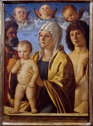 Jomfruen og Jesusbarnet mellem Sankt Peter og Sankt Sebastian Maleri af Giovanni Bellini dit il Giambellino (1430-1516) 1500-tallet søn. 0,82x0,58 m - Jomfruen og Jesusbarnet mellem Sankt Peter og Sankt Sebastian. Maleri af Giovanni Bellini kaldet G