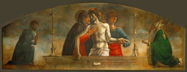 Den døde Kristus, støttet af den hellige Maria, apostlen Johannes og de hellige Markus og Nikolaj (maleri på lærred)