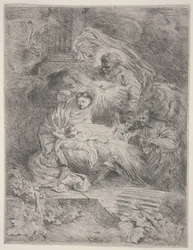 Fødselen med Gud Faderen, Helligåndens Due og Engle, ca. 1645 (radering)