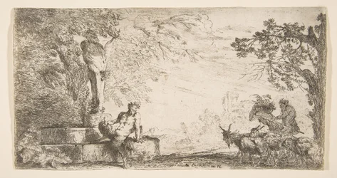 En satyr tilbagelænet ved foden af en statue af Priapus, geder til højre, ca. 1645-48.