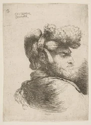 Mand i profil vendt mod højre, iført pelshat, fra serie af Small Heads i Or..., ca. 1645-1650.
