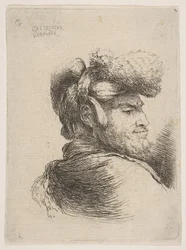 Mand i profil mod højre, iført pelshat, fra serie af Small Heads i Orie..., ca. 1645-50.
