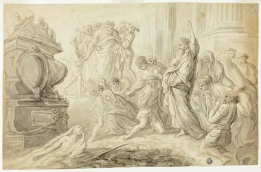 Opdragelse af Lazarus (recto); Rejsende med vogn Outside Inn (verso)