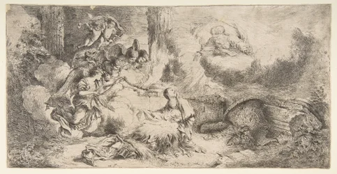 Jomfruen og barnet, Gud faderen øverst til højre, engle til venstre, ca. 1647-50.