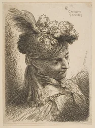 Ung mand vendt mod tre kvarter til højre iført pelshovedbeklædning med fane, juvel og..., ca. 1645-50.