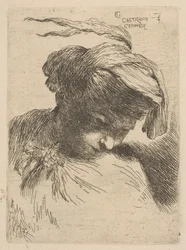 Ung mand ser ned til højre, fra serien af små hoveder i Oriental Headdr..., ca. 1645-50.