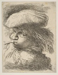 Ung mand med en trompet vendt mod venstre, fra serien af Small Heads in Oriental..., ca. 1645-1650.