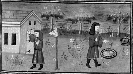 Decameron,Frédéric banker på Madame Tessas dør; manden finder mad og vin under et ferskentræ. Syvende dag, novelle 1