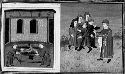 Decameron, Giovanni del Bragoniera og Biagio Pizzini stjæler relikviet fra broder Ciboule; munken mærker landsbyboernes tøj med kullene. Dag seks, nyhed 10