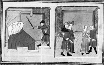 Dekameron, Cimon observerer Iphigenia; der fejres et dobbeltbryllup. Femte dag, novelle 4
