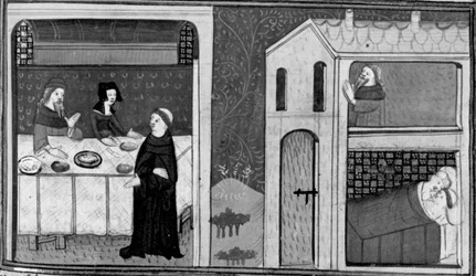 Decameron, Don Felice er inviteret til broder Puccios bord; Don Felice er i seng med Puccios kone. Tredje dag, novelle 4