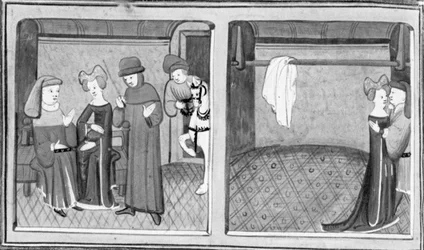 Dekameron, Francesco Vergellesi tillader Zima at tale med sin hustru; Zima og Francescos hustru udveksler et kys. Tredje dag, fortælling 5