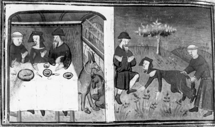 Dekameron, Gianni di Barolo sidder ved bordet med Pietro da Tresanti og hans hustru; Gianni forsøger at binde halen fast på kvinden. Niende dag, fortælling 10