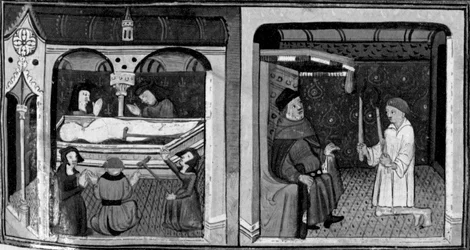 Decameron, De forkrøblede og lidende går til en helgens grav; Martellino optræder i retten. Anden dag, novelle 1