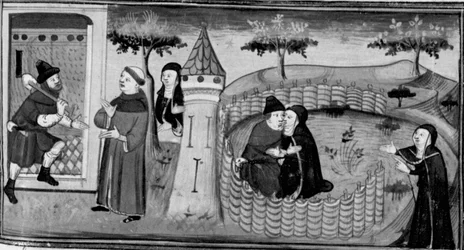Decameron, Masetto beder vogteren om tilladelse til at gå ind i klosteret; Masetto kysser en nonne. Tredje dag, novelle 1