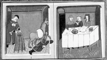 Decameron, Peter af Vinciolo opdager elskeren i stalden; Peter af Vinciolo sidder til bords med sin kone og hendes elsker. Femte dag, novelle 10
