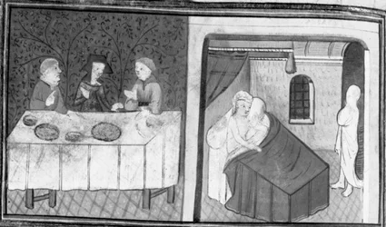 Decameron, Tingoccio og Meuccio sidder til bords med Madame Mita; efter sin død besøger Tingoccio Meuccio for at fortælle ham om sine indtryk af livet efter døden. Dag 7, novelle 10