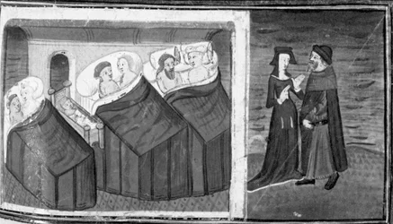 Decameron, Tre par sover i et værelse; kroværten taler med sin kone. Niende dag, novelle 6