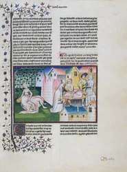 Gabriotto dør i Andreuolas arme, Andreuola bringer sit lig hjem og bliver arresteret, Andreuola erklæres uskyldig og bliver nonne, miniature af Decameron, fjerde dag, sjette fortælling, af Giovanni Boccaccio (1313-1375)
