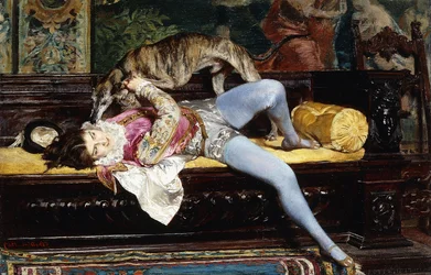 En ung Page, Leger med en Greyhound; A Young Page, Playing with a Greyhound, 1869
