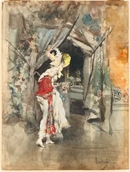En elegant kvinde i et interiør, ca. 1873