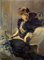 Belle Époque: »Besøget« Elegant ung kvinde i aftenkjole.