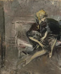 Dame i en gul hat med sin hund Marchesa Casati