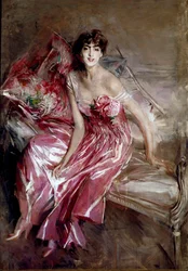 Portræt af Madame Olivia Concha de Fontecilla eller Damen i lyserødt maleri af Giovanni Boldini