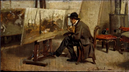 Maleren Giovanni Fattori i sit værksted Maleri tilskrevet Giovanni Boldini (1842-1931) 1863-1869 Søn. 13x24 cm Milan privat samling