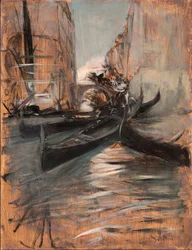 Udsigt over en kanal i Venedig med gondoler (Venetiansk kanal og gondoler) Maleri af Giovanni Boldini (1842-1931) 1910-1914 Privatsamling