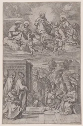 Gejstlighed i et landskabsskrift, andre i himmelriget ovenover, c1650.