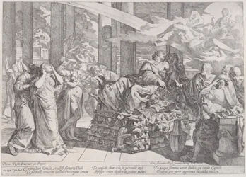 Didos selvmord, hvor hun ligger på et ligbål i midten, omgivet af mange figurer, 1650-55.