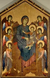 Jomfruen og barnet i majestætisk omgivet af seks engle. Maleri af Gualtieri Giovanni dit Cimabue (cirka 1240-1302)