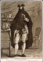 En mand iført maske drikker en kop kaffe Le Masque au Caffé, 1775.