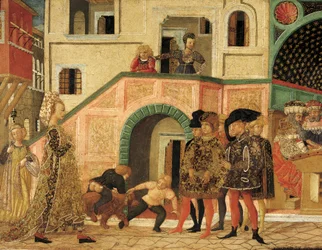 Historier om Susanne, omkring 1450, frontpanel af malet kiste, af Giovanni di Ser Giovanni, kendt som Lo Scheggia (1406-1486), tempera på træ, detalje