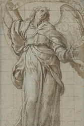 Stående engel holder en rulle, ca. 1614.