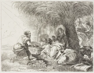 Joseph tilbeder barnet mens to engle synger, plade nitten fra Flugten til Egypten