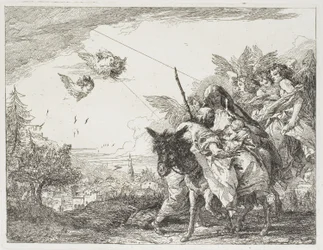 Josef tilbeder barnet, som holdes i Marias arme, planche ni fra Flugten til Egypten