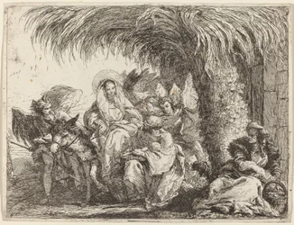 Joseph knæler med barnet foran Maria på æslet